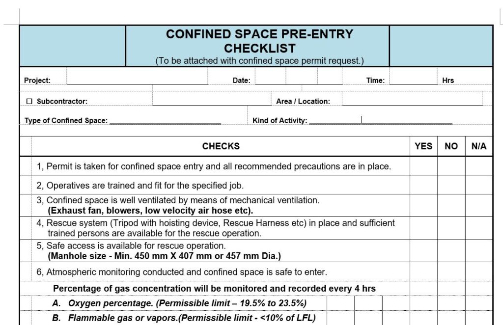 Confined Space Pre – Entry Checklist – JtechDigi